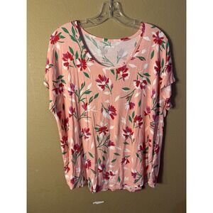 Lands' End Women Pink Floral Short Sleeve Scoop Neck Knit Top Large 14 - 16